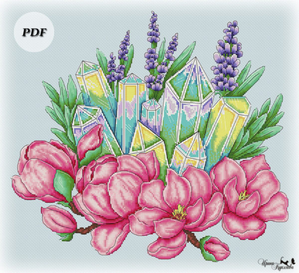 Схема вышивки цветы магнолии и лаванда